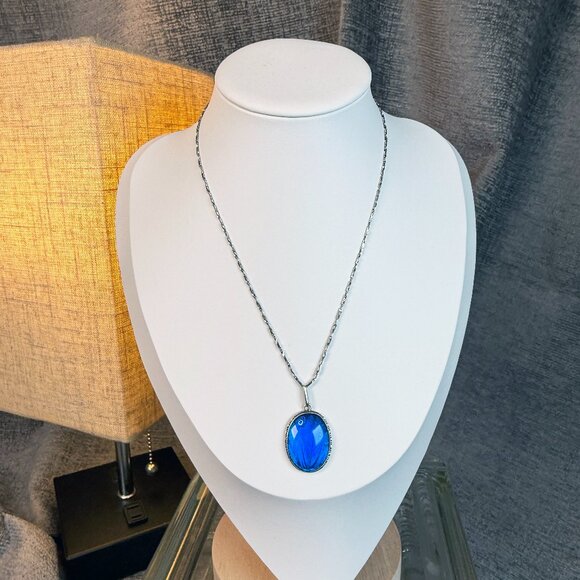 Antique Jewelry - Thomas L. Mott Sterling Blue Morpho Butterfly Wing Pendant on 16″ Bar Link Chain